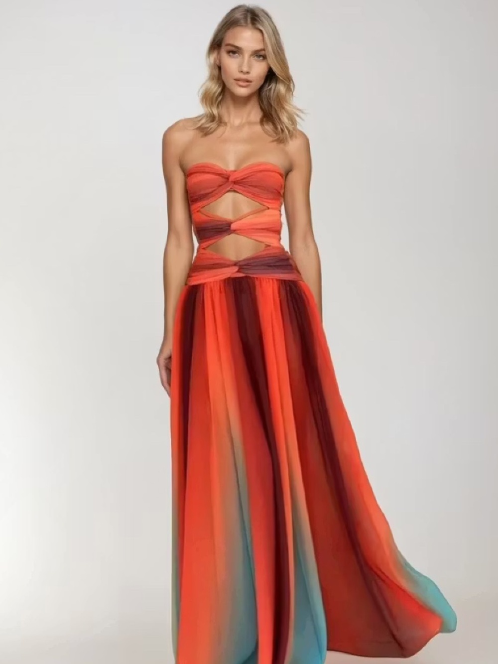Strapless Orange Ombre Cutout Maxi Dress with Teal Accent
